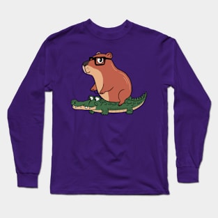 Funny Capybara Riding On a Crocodile Long Sleeve T-Shirt